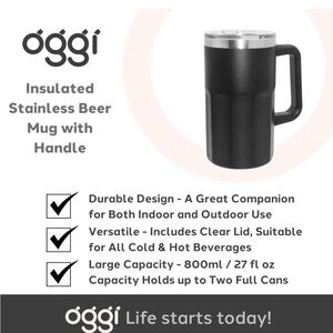 Oggi Black Insulated Stainless Beer Mug Stein with Handle NWT